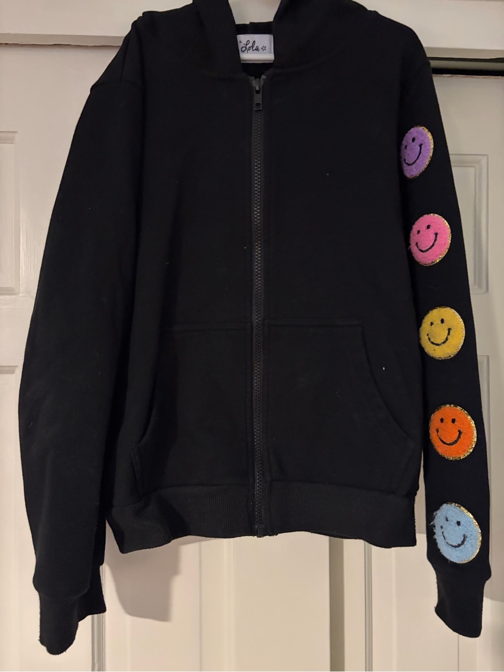 Lola + The Boys Black Zip Hoodie with Colorful Smiley Sleeve